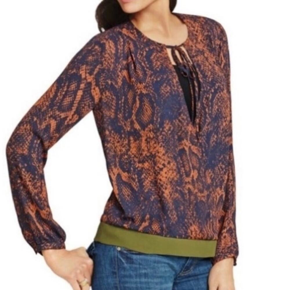 CAbi Navy and Rust Snake-Print Tie-Neck Blouse